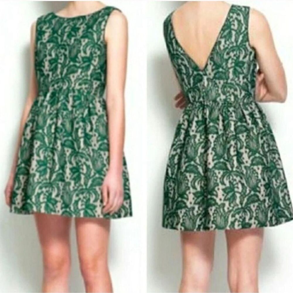 Zara Women's Green and Cream Dress
